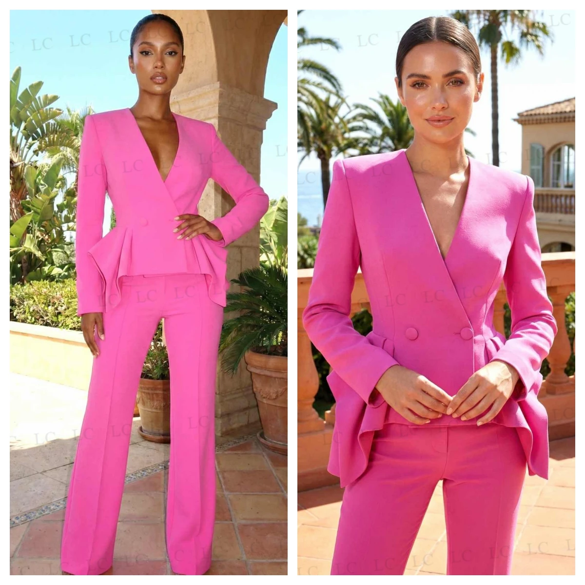 Modern Pink Women Suits 2 Pieces One Button Blazer Pants V Neck No Lapel Slim Fit Plus Size Custom Made Mother Of The Bride