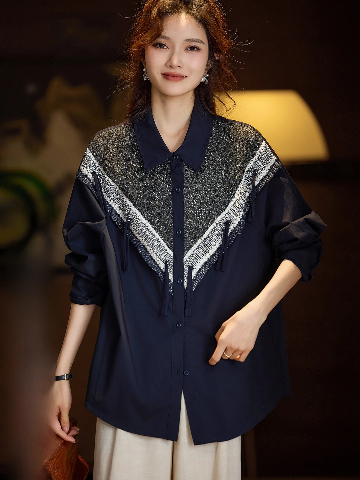 

Loose Knitted irt Women's Spring 2026 New Sle Street Faion Patchwork Turn-down Collar Breathable Casual Top Large Size