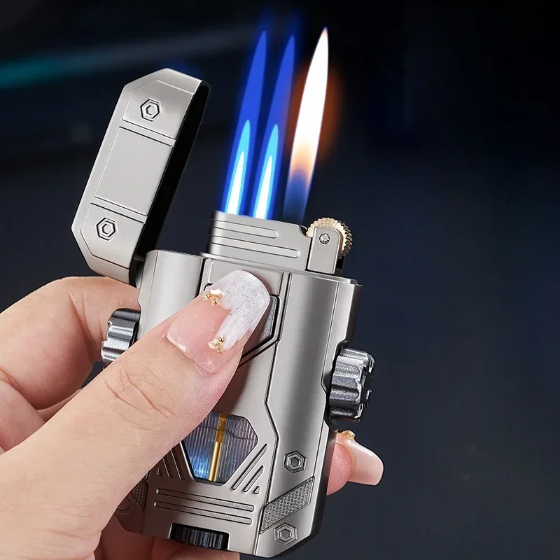 Creative Mecha Style 3 Flame Gas Lighter, Open Flame Direct Injection Dual Flame Conversion Lighter Men's Lighter Gift