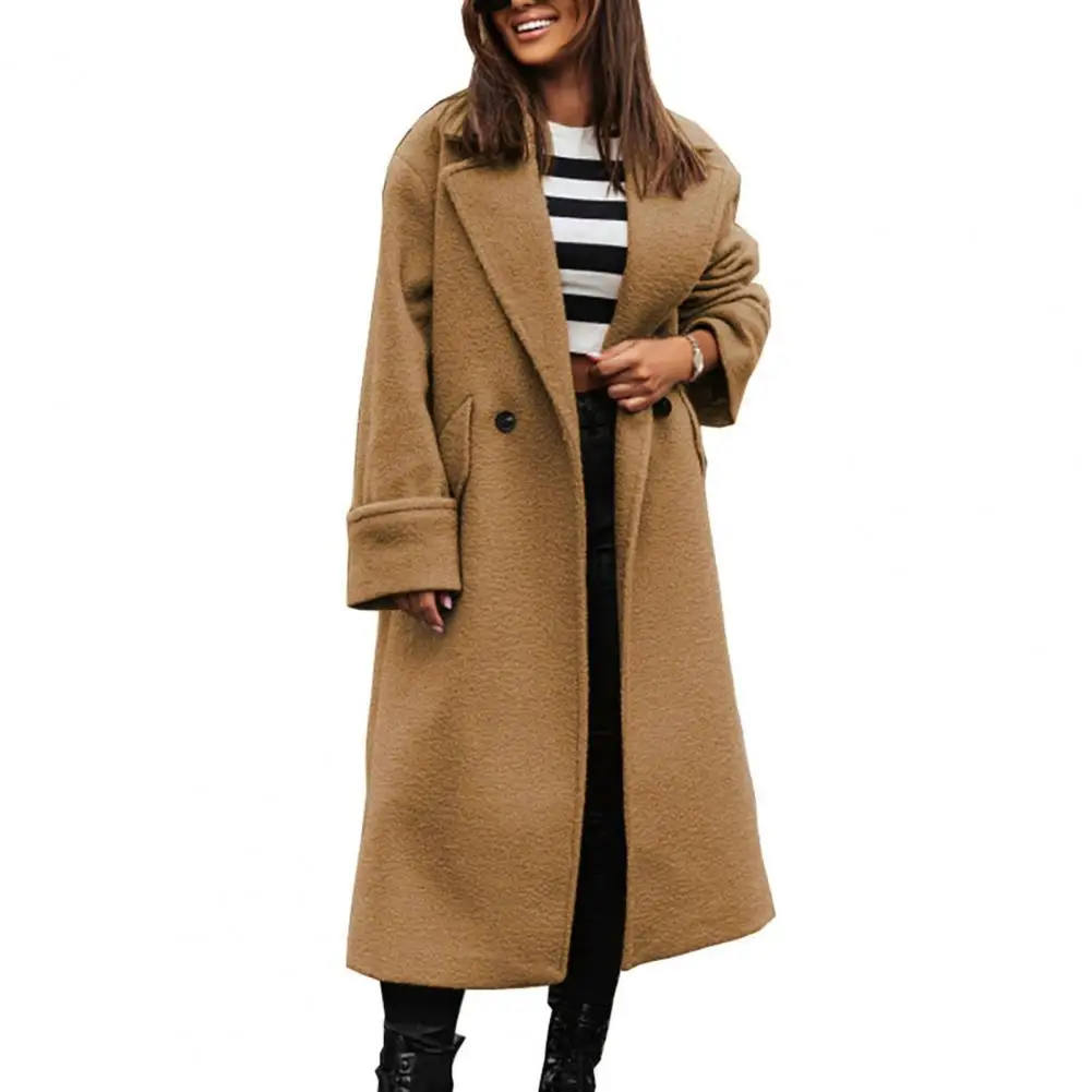 Manteau long coupe-vent pour femme avec poches à revers, pardessus cardigan optique, double boutonné, chaud, automne, hiver