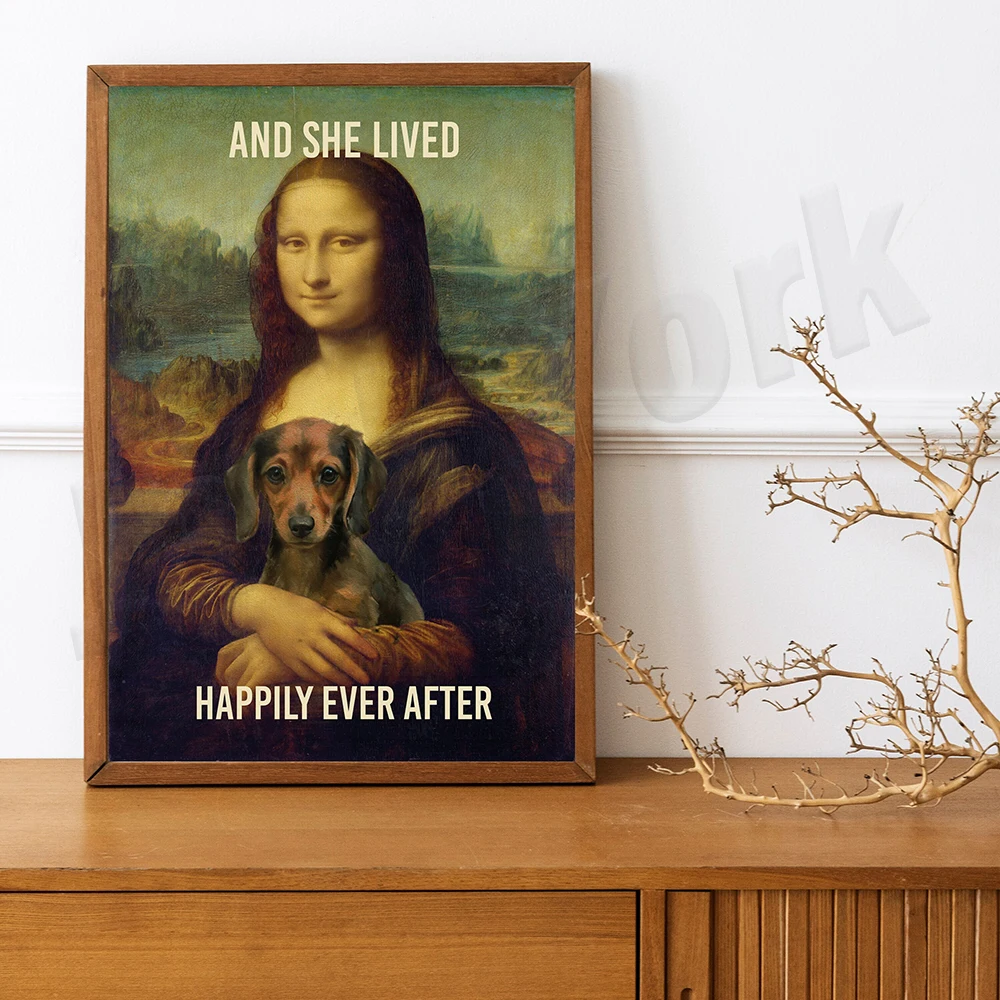 She Lived Happily Ever After, Mona Lisa Print, Dachshund Vintage Dog Poster, Dog Print, Dog Lover Gift