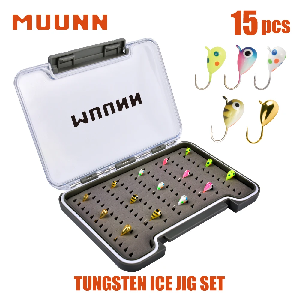 

MUUNN 15pcs Tungsten Ice Fishing Jig Kit,Boxed UV Glow,Multicolor Hayabusa Hook Winter Perch Crappie Bluegill Softlure Bait