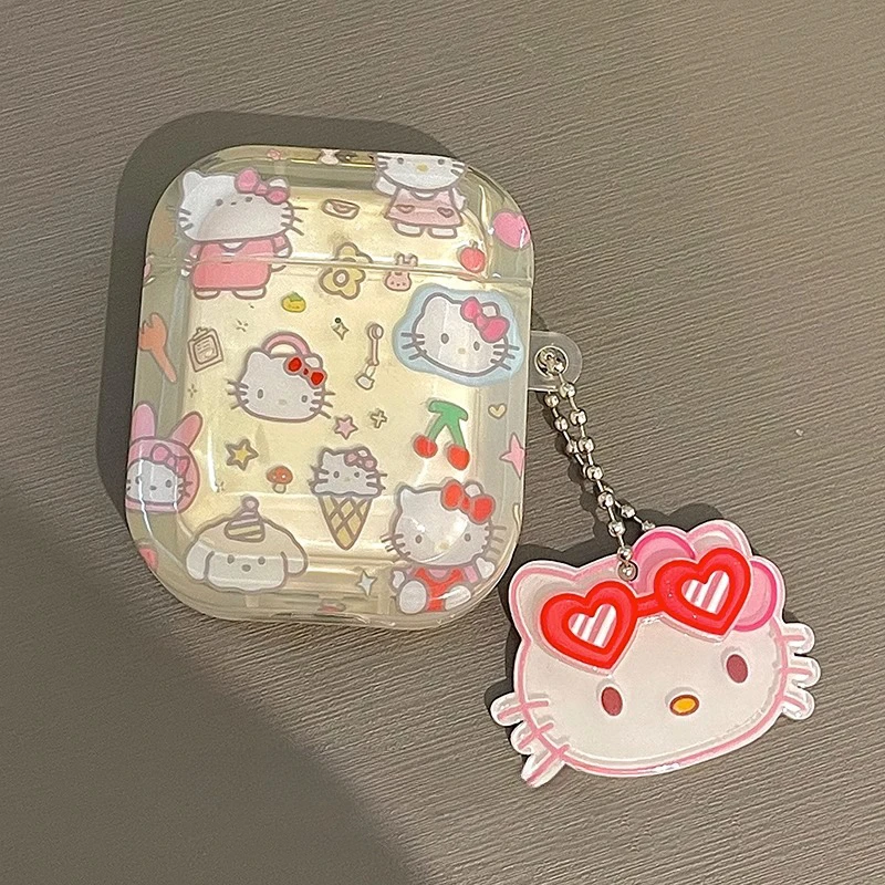 Custodia creativa traslucida Kawaii Hello Kitty per AirPods 3 2 1 Pro Sanrio Anime Accessorio Custodia protettiva alla moda con pendente