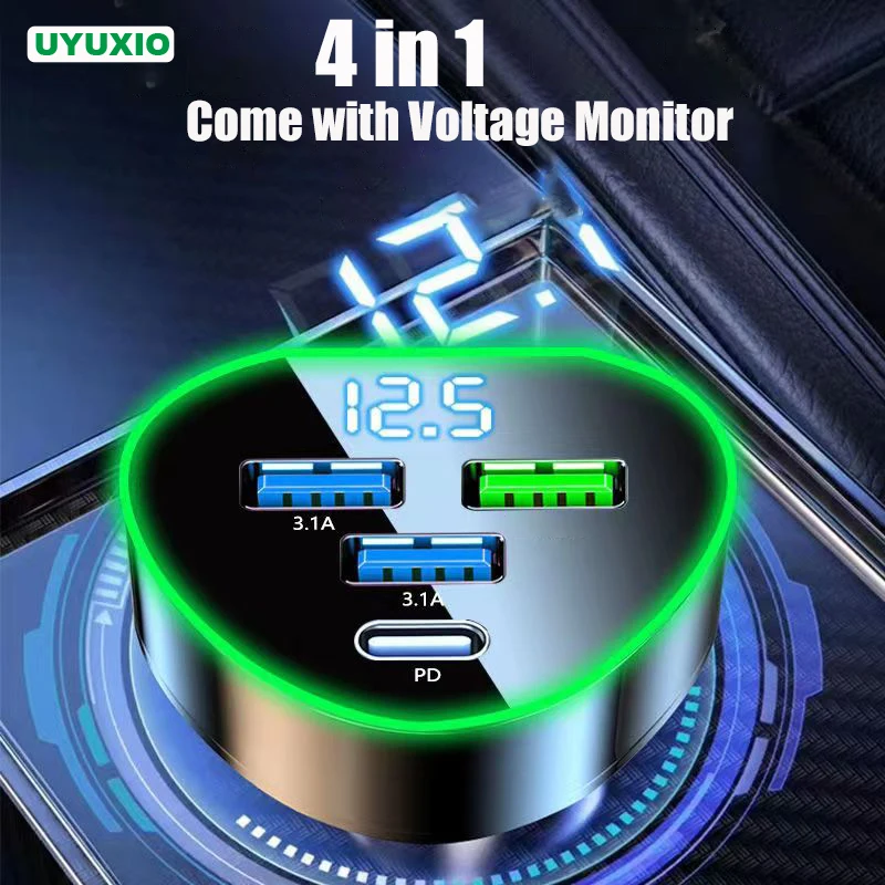 

USB C Car Charger Adatper 4 in 1 for iPhone Samsung Huawei Oneplus Android Phone Super Fast Charge with LED Voltage Monitor