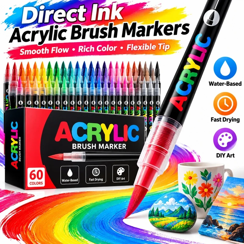 Direct Ink Acrylic Paint Marker Pens Rich Colors Soft Brush Tip Fast Drying for Paper Canvas Stone Glass Wood DIY Crafts