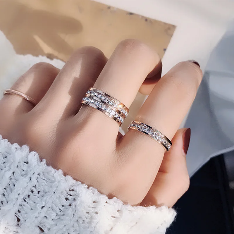 Clear White Stones Wedding Women Ring Stainless Steel 1 and 2 Rows Bling Zircon Fashion Pair Ring Female Jewelry