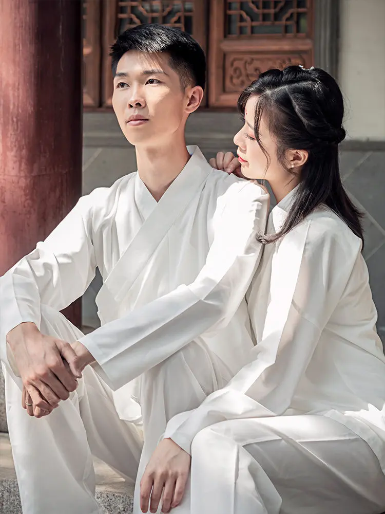 Unisex Hanfu Inner Shirt Pants Black White Top Pajama Chinese Traditional Ancient Underwear Cross Collar Loungewear Daily Wear