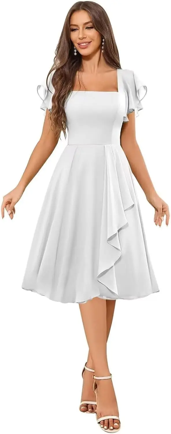 

Короткие платья подружки невесты для женщин, шифоновое платье с квадратным вырезом и рюшами, вечернее платье трапециевидной формы, элегантное женское платье для свадебной вечеринки