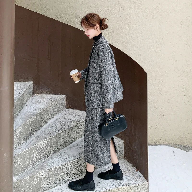 Модный шерстяной пуховик с v-образным вырезом, куртка, повседневная полуюбка, женская зима 202, новый элегантный комплект из двух предметов для поездок на работу