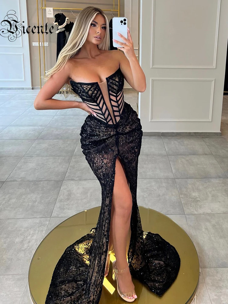 

VC Party Dresses Sexy Black Lace High Slit Strapless Fitted Bones Nude Mesh Floor Length Evening Dress Vestido