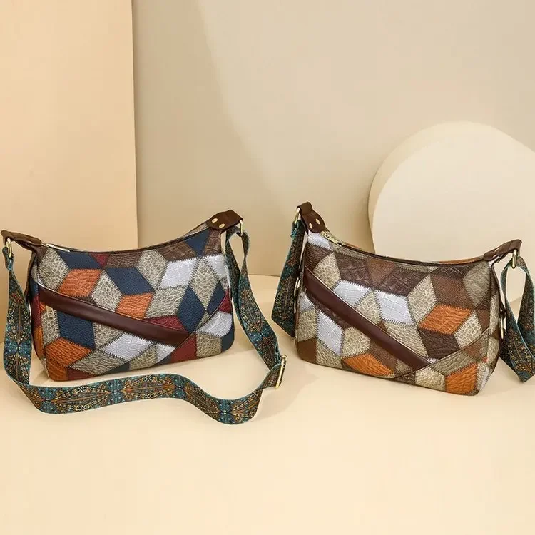 Bolso cruzado Retro de un solo hombro para mujer, con bloqueo de Color y gran capacidad, de cuero suave