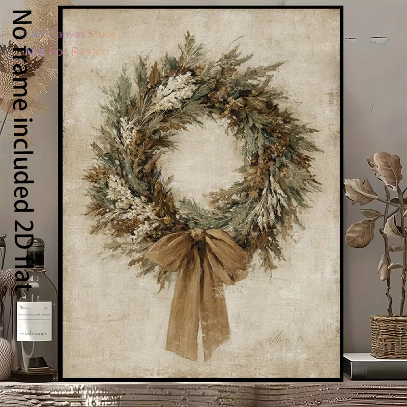 2D Flat, 2D Flat, 1pc of Decorative Canvas Art Featuring a Vintage-Style Christmas Wreath, Adorned with a Brown Bow, an Elega