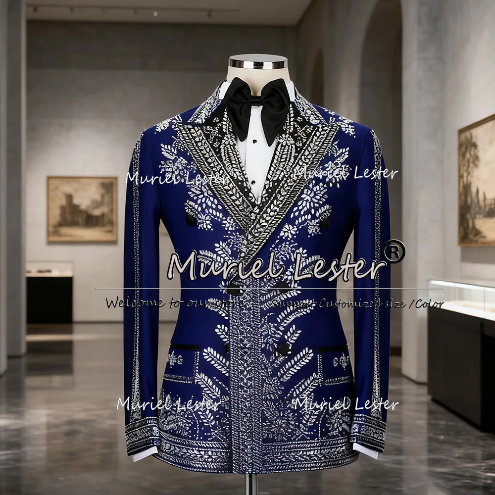 

Glitter Beaded Suits Men For Wedding Doubel Breasted Jacket Pants 2 Pieces Groom Tuxedos Man Business Costume Homme Marriage