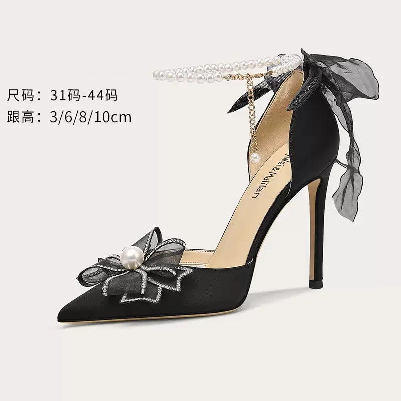 Spring and Summer New Pointed Shallow Lace Rhinestone Pearl Sandals Slim High Heel Party Dress Large and Small Women Single Shoe