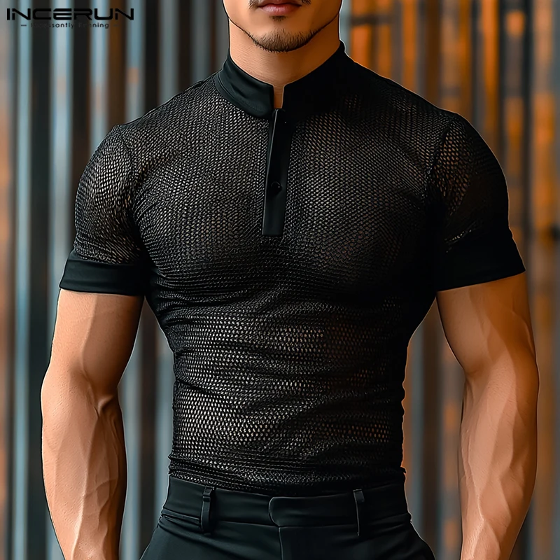 

Mesh Patchwork Tops Tee INCERUN Men T-Shirts Sexy Fashion Tops Streetwear See-through Short Sleeve Summer T Shirt Oversize
