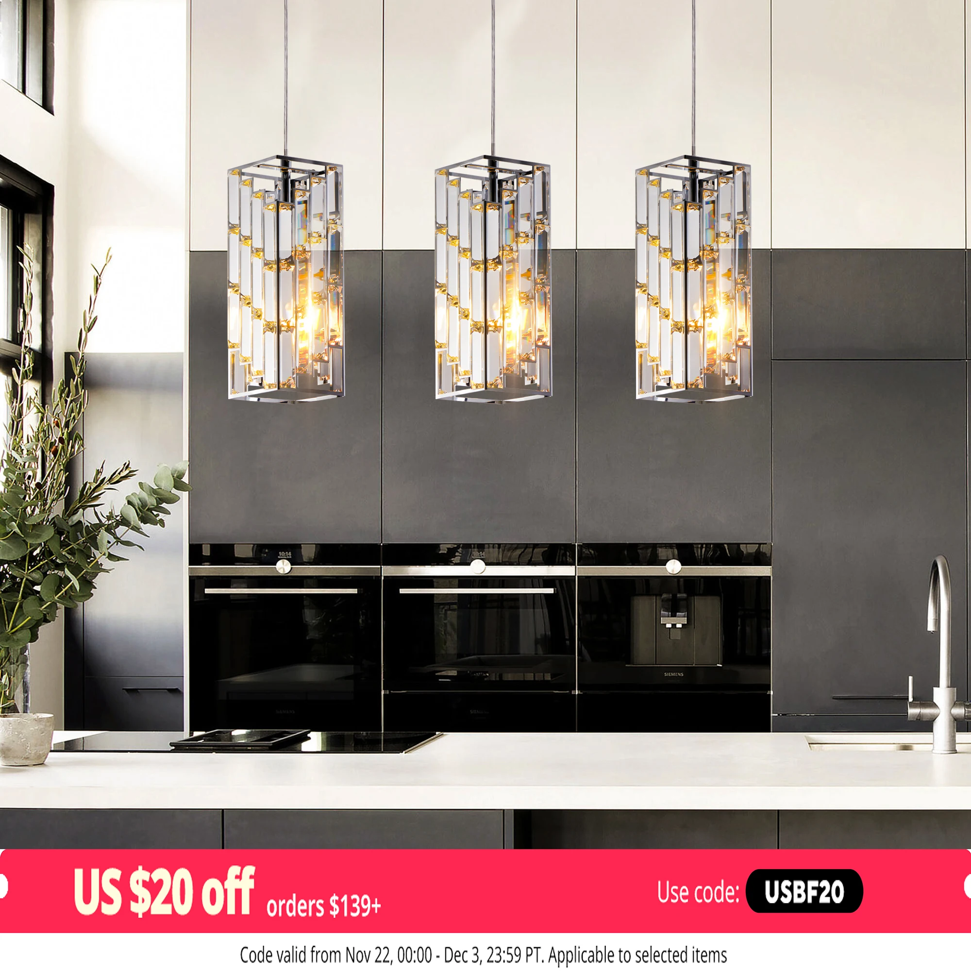 Modern Crystal Pendant Light - 3 Pack, Adjustable Hanging Ceiling Lamp with Crystal Prism Design -Chrome Finish