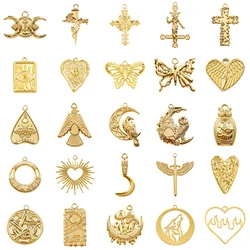 5pcs Real Gold Plated Stainless Steel Butterfly Heart Sun Cross Charms For Jewelry Making Supplies Punk Satan Pendant Breloques