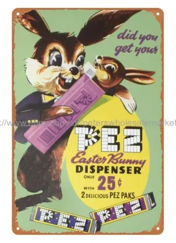 wall art plaque PEZ candy Easter Bunny dispenser metal tin sign