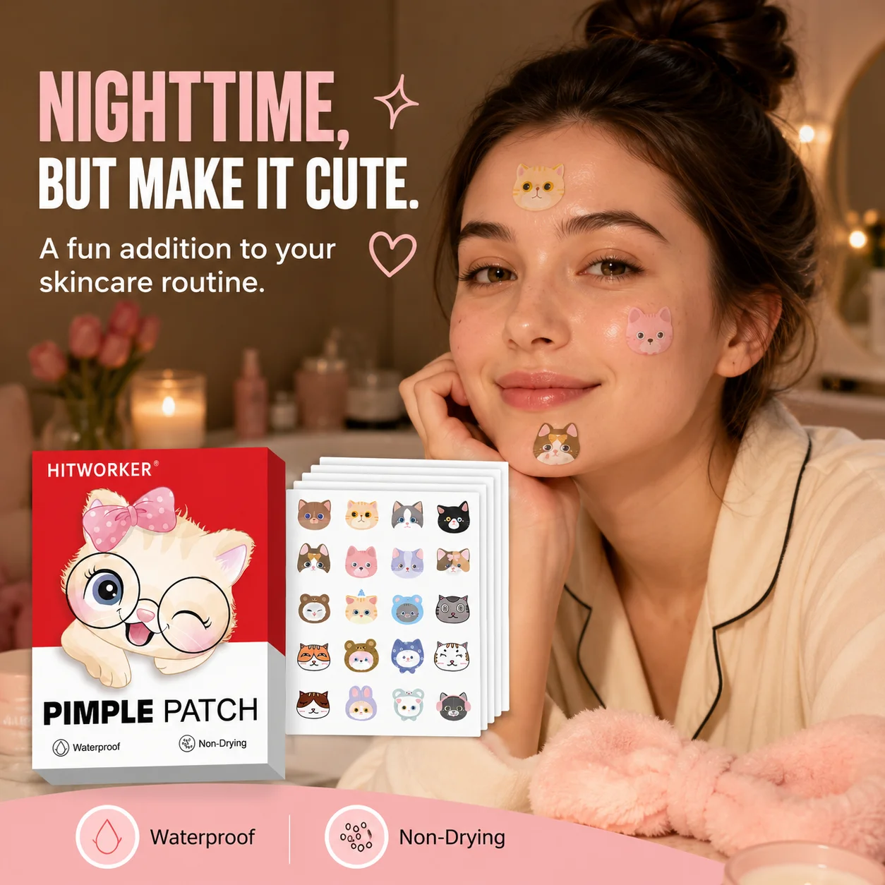 100PCS Cute Cat Cartoon Pimple Patches for Face, Mixed Pattern Blemish Cover Stickers, Facial Spot Patches