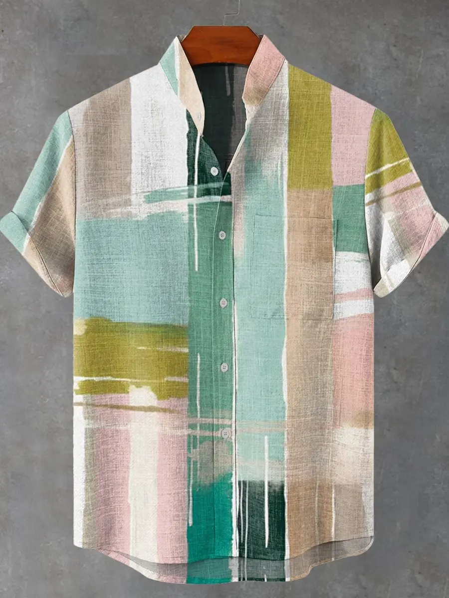 

​2025 Men's Japanese Art Linen Shirt Retro Print Short Sleeve Button-Up Comfort Fit Summer Elegant Style​
