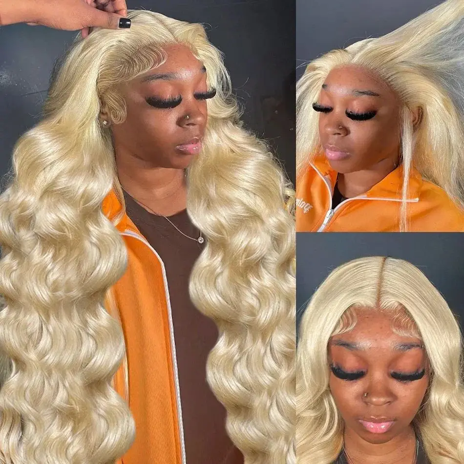 Perruque Lace Front Wig Body Wave Brésilienne Naturelle, Cheveux Humains, Transparent, Blond 613, 13x6, 13x4, pour Femme