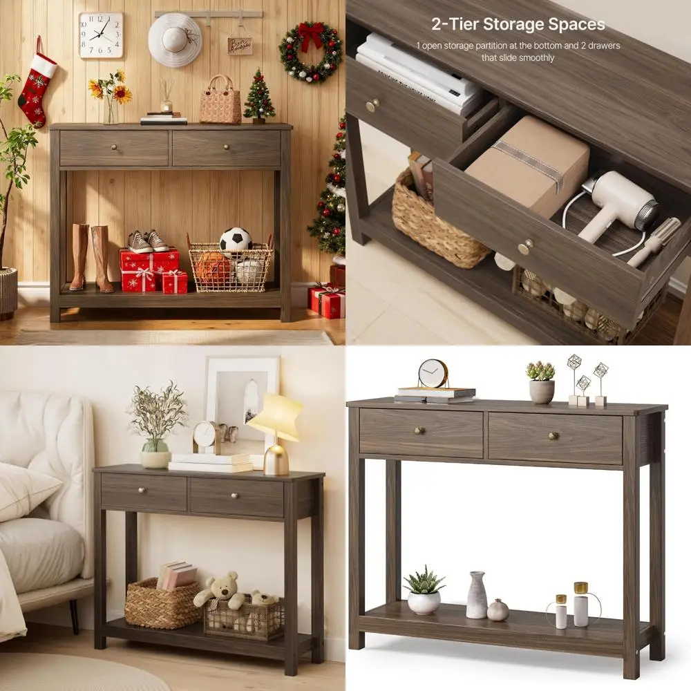 

Wooden 2-Drawer Console Table with Storage Shelves, 2-Tier Entryway Table, 39 Wide Accent Table for Hallway