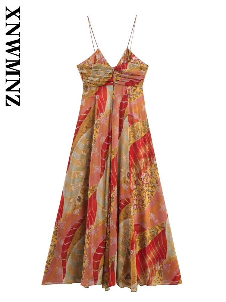 XNWMNZ 2025, Sommer-Frau, Urlaub, Party, dünner Schultergurt, ärmellos, rückenfrei, Midi-Kleider, Boho-Chic, Dame, sexy Plissee-Kleid