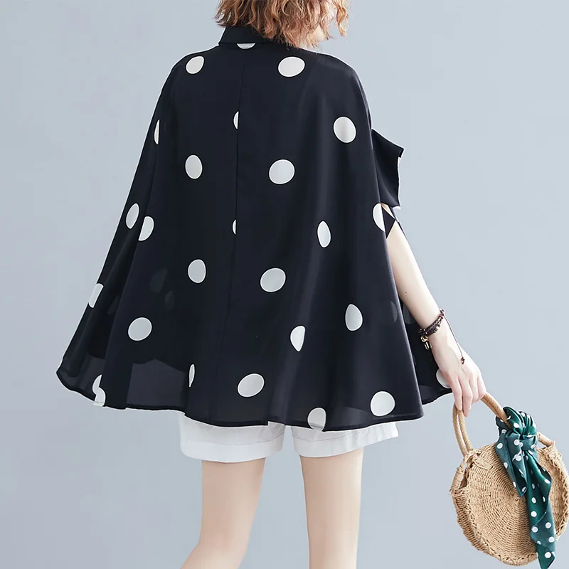 Fashionable and artistic oversized women\'s chiffon shirt polka dot short sleeved shirt bat shirt plus size women clothing