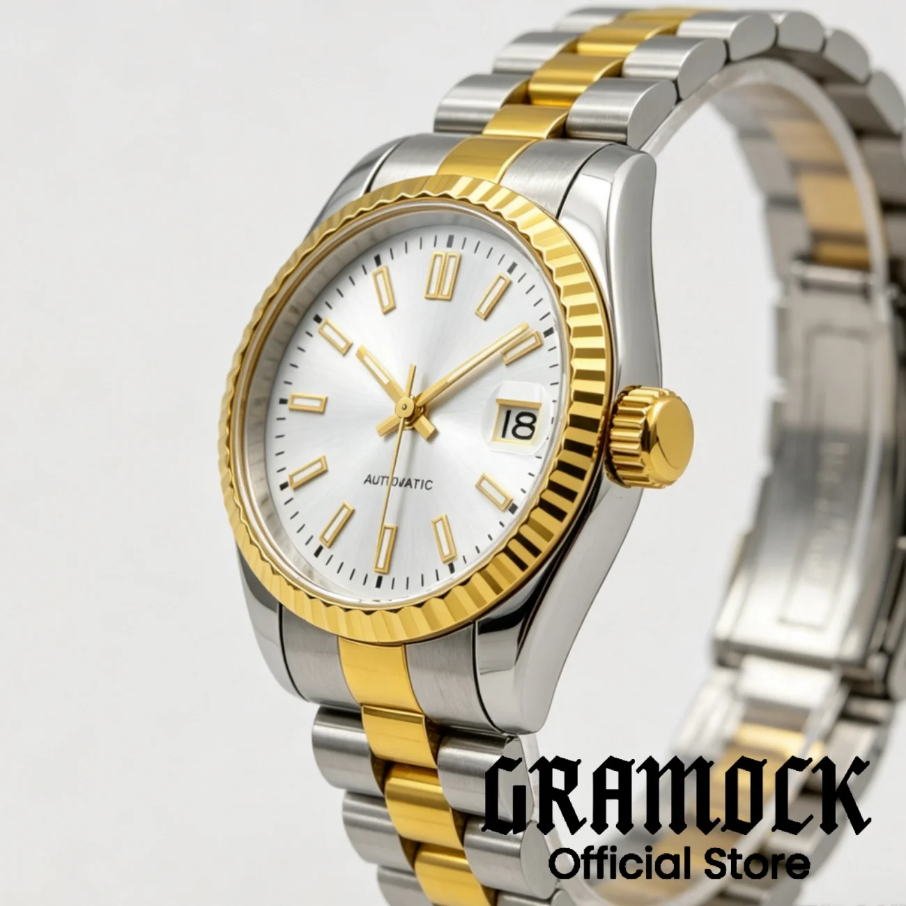 Two Tone Gold 26m /28mm Women NH05A Mechanical Watch Fluted Bezel Luminous Dial Stick Number Jubilee Band Ladies Automatic Watch