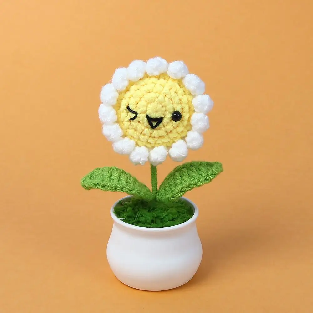 Hand-Knitted Crochet Sunflower Potted Sunflower Smiling Face Fake Flower Bonsai Artificial Desktop Ornaments for Teachers'Day