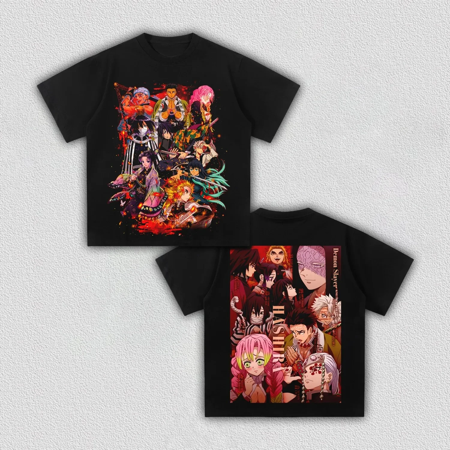 Demon Slayer Hashira All Characters Front Back Printed Mens Cotton T Shirt Summer Anime Graphic Streetwear Black Tee for Fans