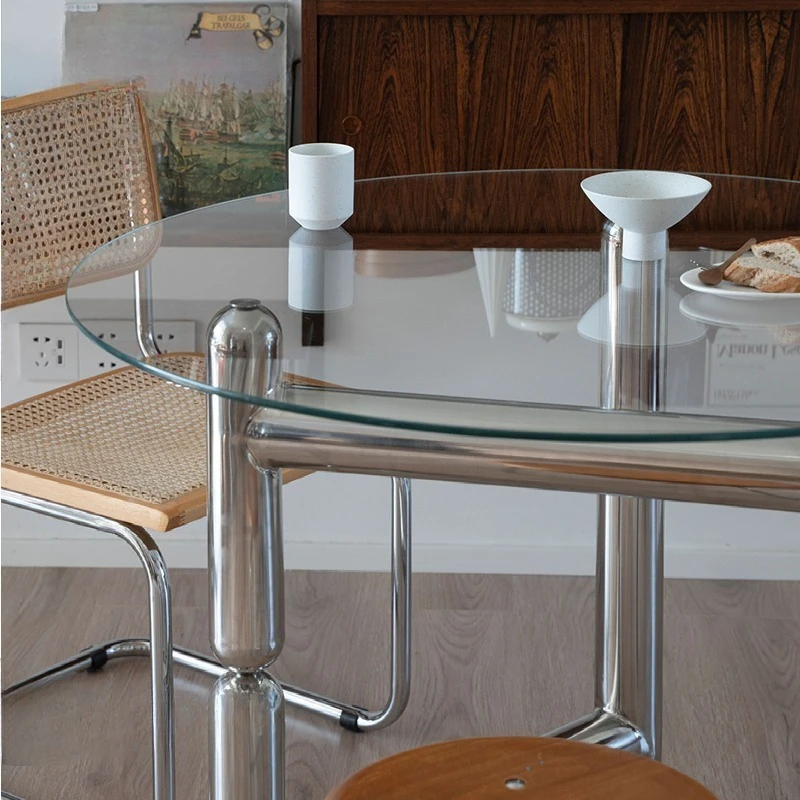 Tempered Glass Round Dining Table Modern Simple Light Luxury Retro Small Apartment Home