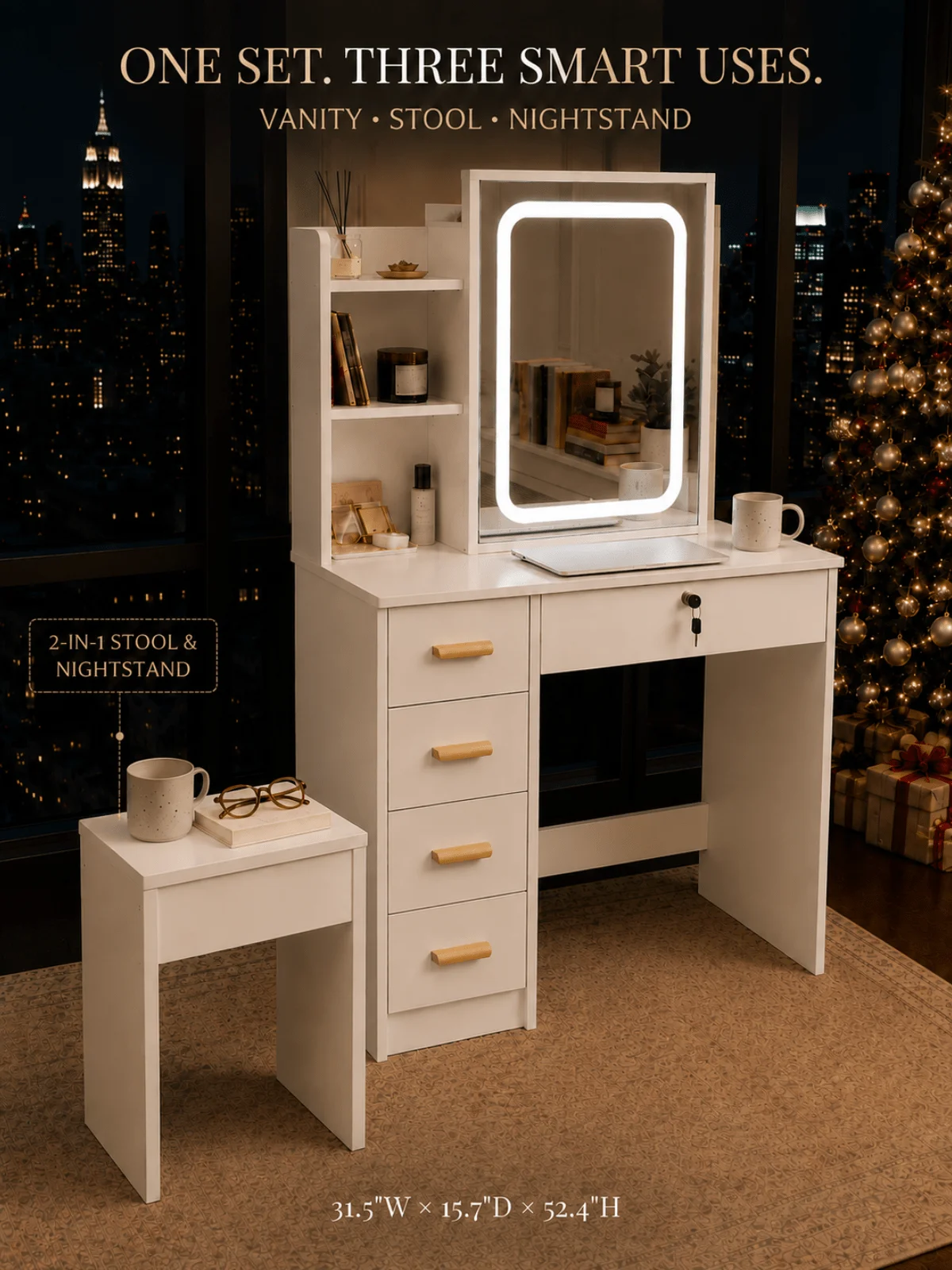 Storage-Focused White Makeup Vanity With Touch-Dimmable Sliding Mirror, Hidden Mirror Cabinet, 4 Drawers Incl. Lockable Drawer,