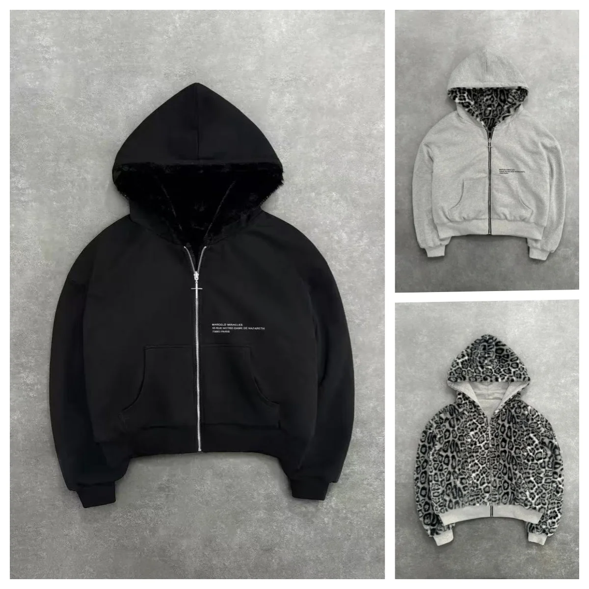 Hip-hop New Two-sided Clothing Harajuku Retro Leopard Print Fashionable Loose Zipper Hoodie Men Street Casual Sweatshirt Women