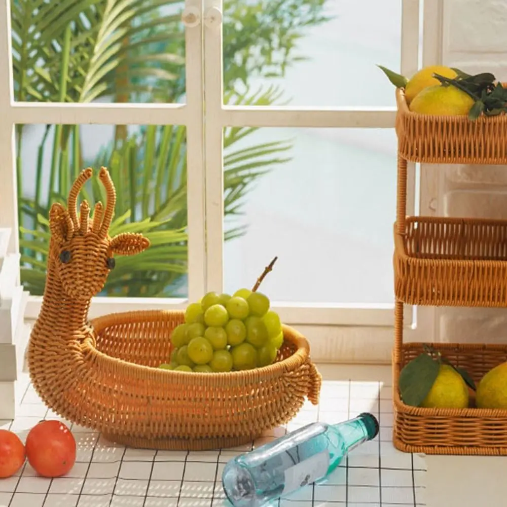 Multistyles Imitation Rattan Fruit Plate Multipurpose Bread Display Storage Rattan Woven Tea Tray Retro Woven Animal Style