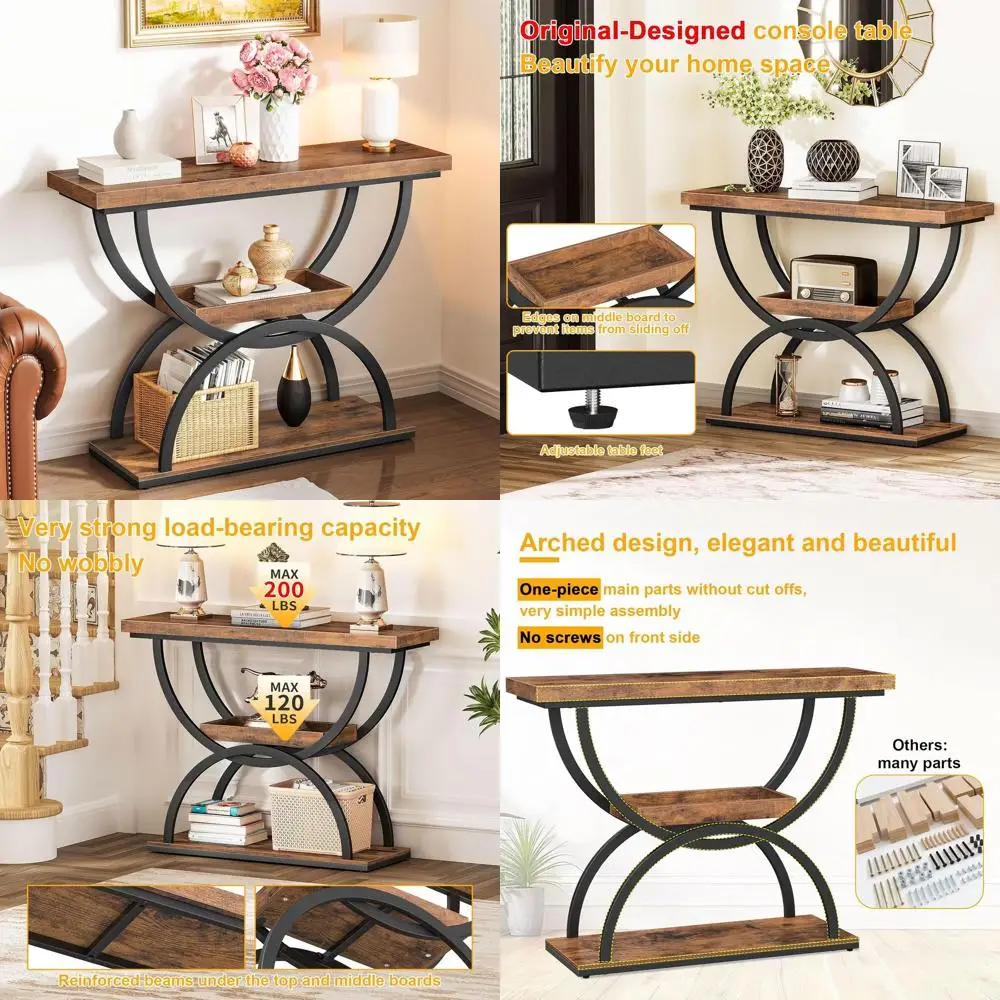 

3-х уровневый консольный столик в деревенском стиле, длина 39,4, вместимость 200 фунтов, простая сборка, для прихожей, гостиной, фойе