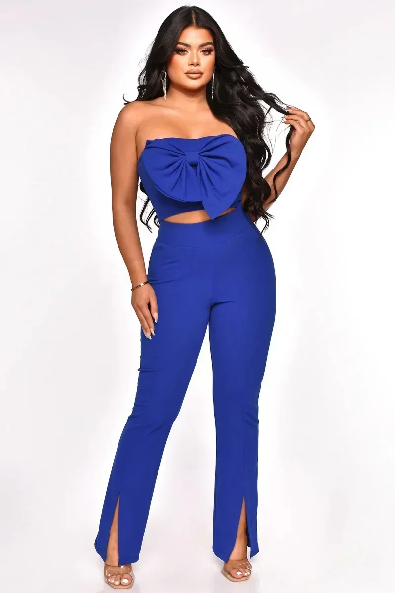 

GUWU Summer Women's Set Bowknot Butterfly Crop Top and Slit Hem Flare Pants Suit Fashion Two 2 Piece Set Outfit Tracksuit