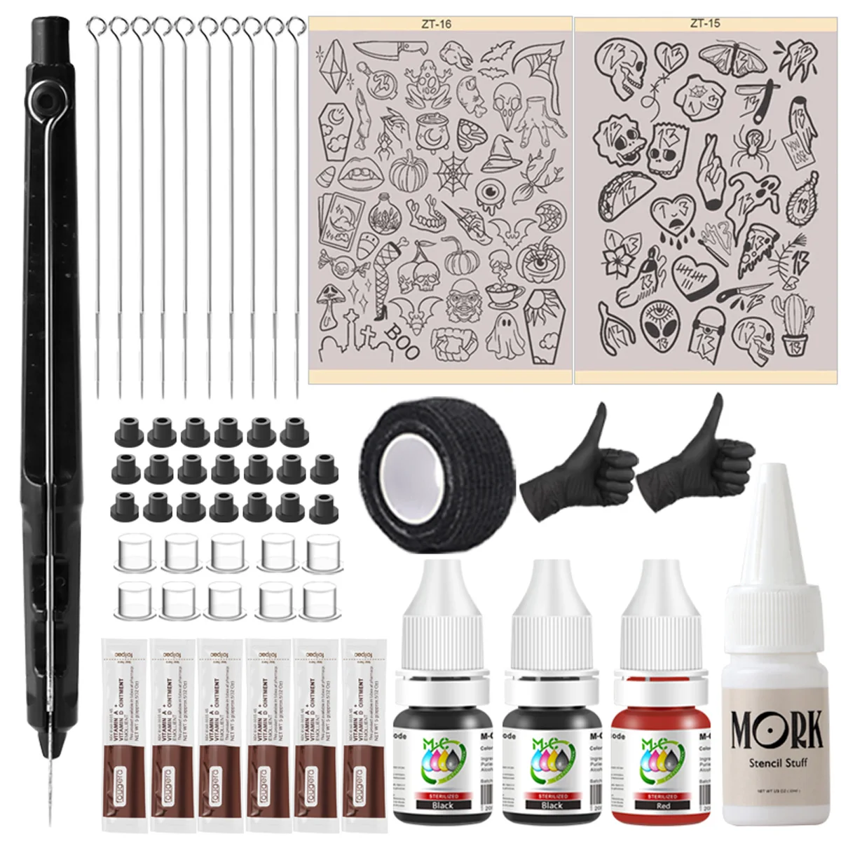 Ensemble complet de tatouage à main et bâton, avec encre de tatouage, aiguilles, porte-aiguilles, stylo et papier de transfert avec corps à motifs