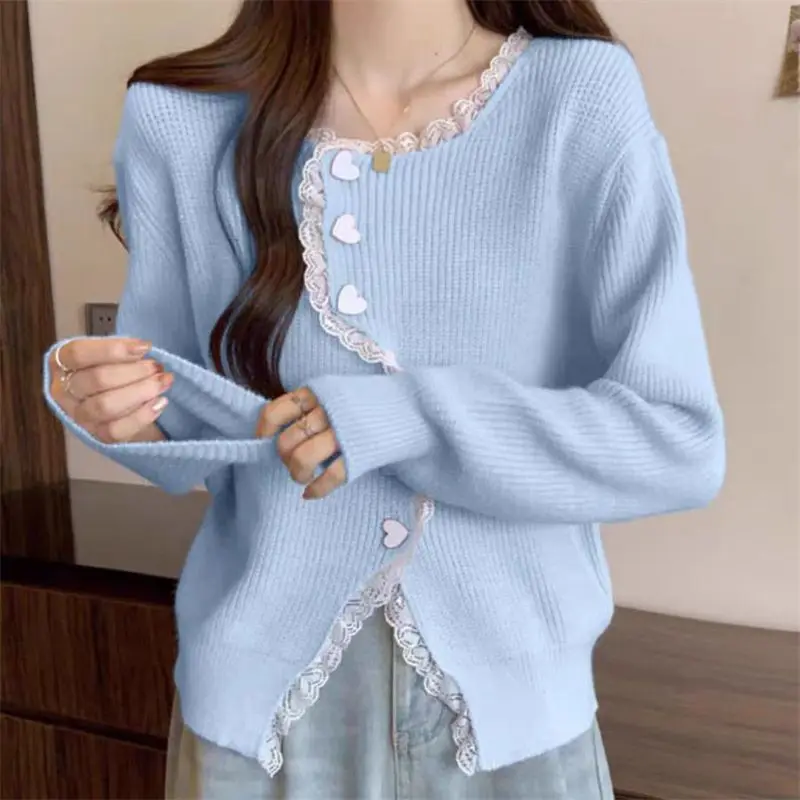 Korean Irregular Lace Patchwork Knitting Cardigan Coat Women Autumn Sweet All-match Sweater O-neck Solid Color Knitwear Tops