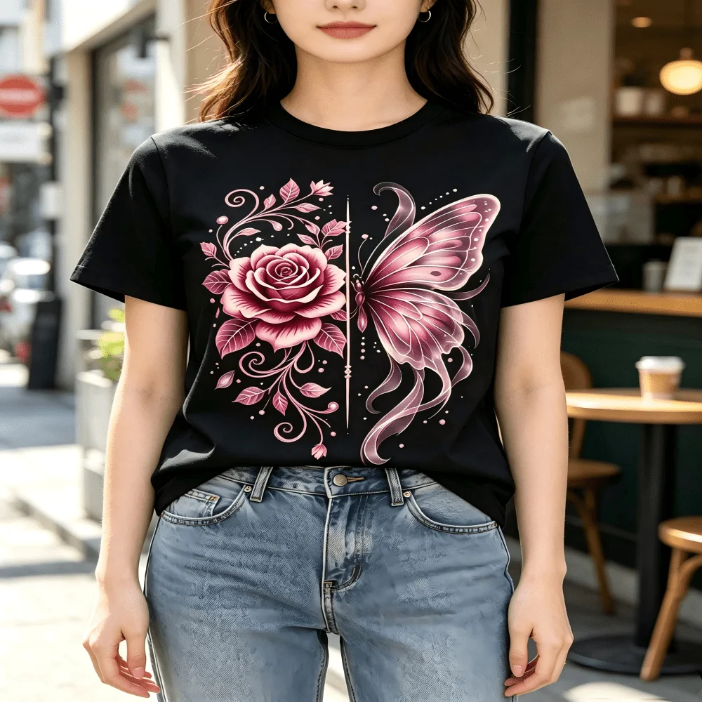 Women's Crew Neck Short Sleeve Graphic T-Shirt, Pink Butterfly Rose Floral Print, Breathable Stretch Casual Tee For All Season Daily Wear