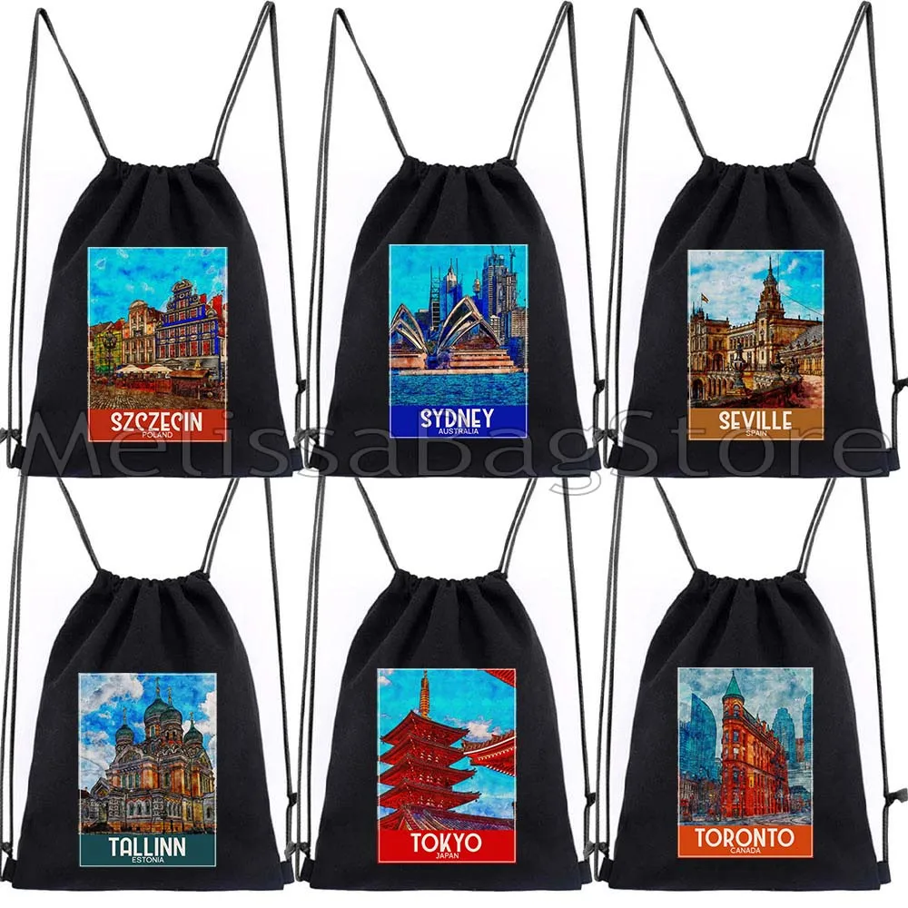 Seville Sofia Stockholm Sydney Tokyo Toronto Venice Warsaw Turin Painting Gifts Canvas Drawstring Bags Soccer Backpack Sackpack