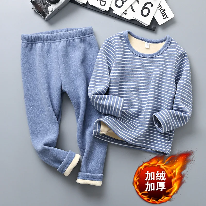 

Autumn Winter Children Girl 2PCS Pajamas Clothes Set Cotton Striped Velvet Homewear Top Print Thick Warm Leggings Kid Girl Suits
