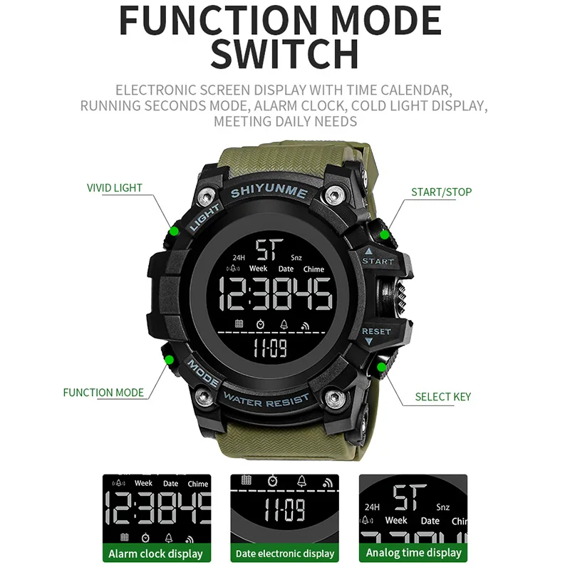 SHIYUNME Top Brand Men Chronograph Sport Watch Fashion Man LED Digital Waterproof Clock Military Electronic Wrist Watches 2006