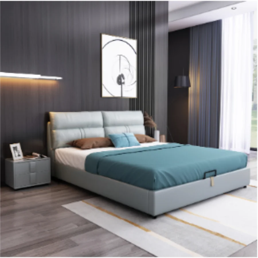 Hot Sale Modern Simple Double Soft Bed Wedding Master Bedroom Furniture Storage Bed Italian Light Luxury Style Leather Bed