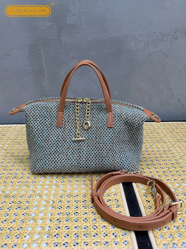 

Casual Women Office Tote Genuine Leather Spliced Straw Beach Bag Handbag Fashion Ladies Single Shoulder Underarm Crossbody Bags