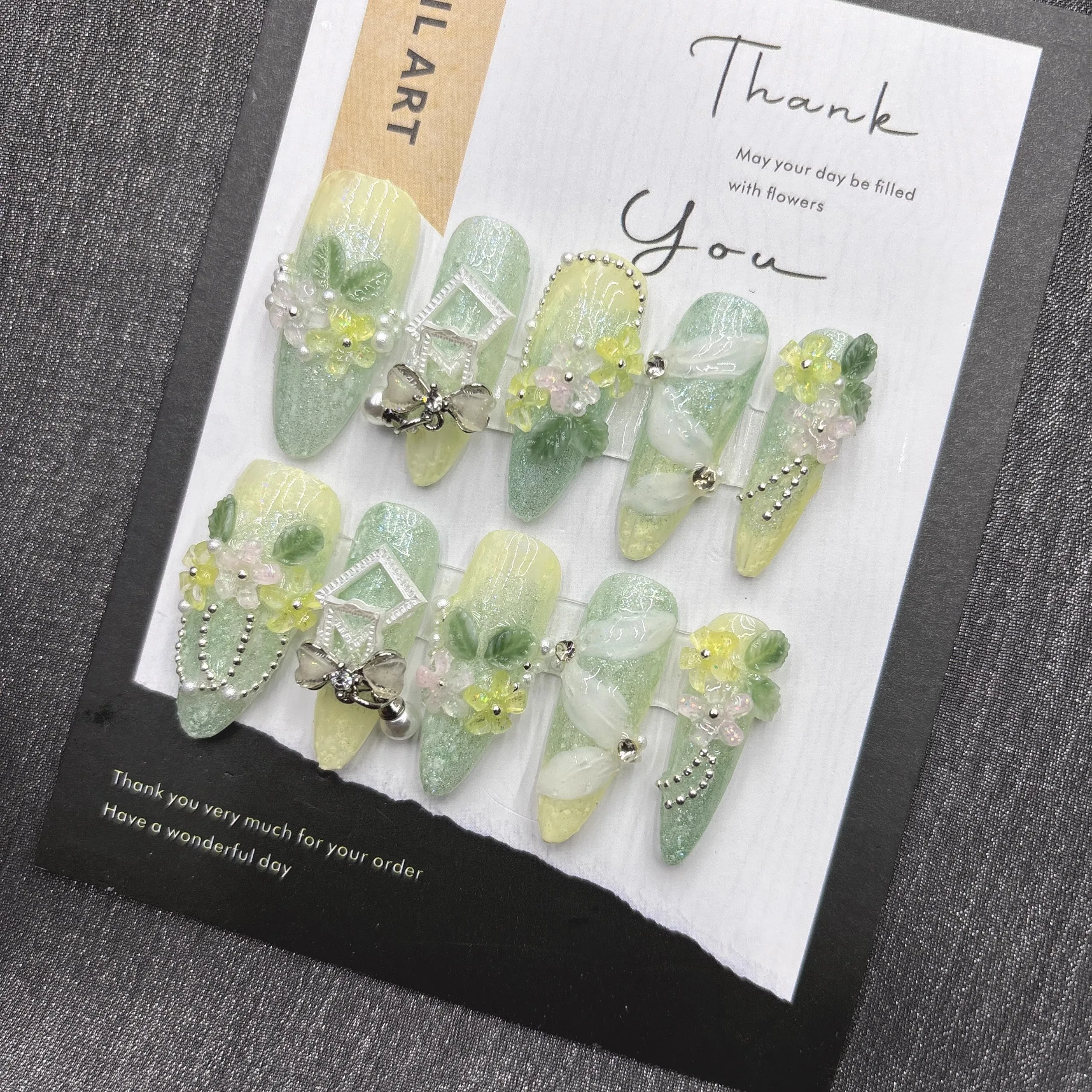 Nature-Inspired Soft Green Floral Press-On Nails with Flexible Silk Botanicals and Oxidation-Resistant Metal Details Perfect for