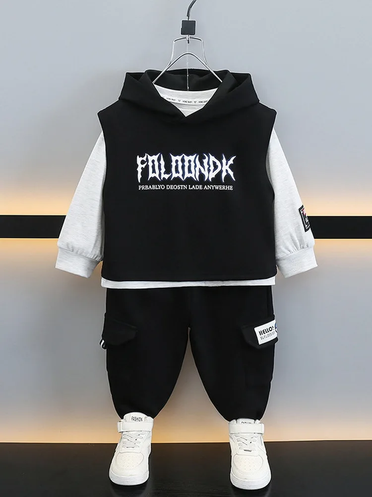Boy Outfit Spring/Autumn Casual Sportswear Boys Hooded Vest+T-shirt +Cargo Pants 2-piece Set Daily Children's Clothing Set 2-11Y