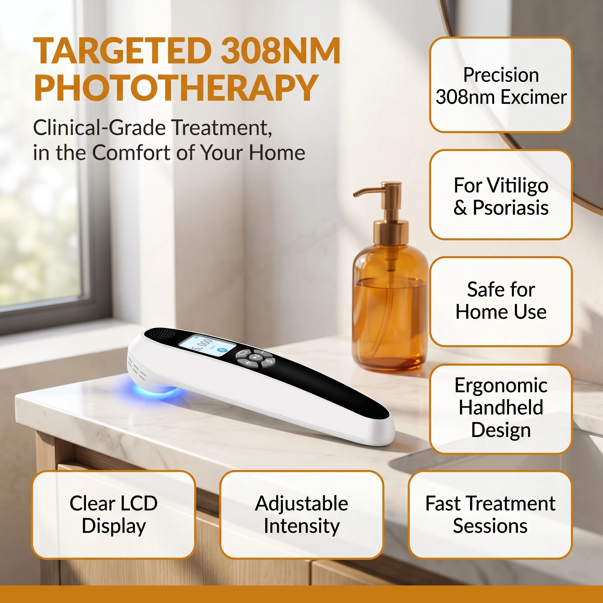 Toponechoice 308nm Excimer Laser UV Phototherapy Lamp Handheld for Eczema Psoriasis Vitiligo Allergies Home Use Treatment