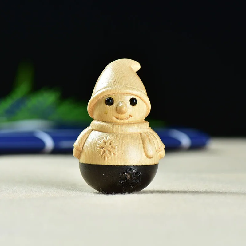Ebony Wood Boxwood Tumbler Snowman Figurine Desktop Office Decor Cute Wooden Carving Artwork Collectible Gift Piece Statue Home