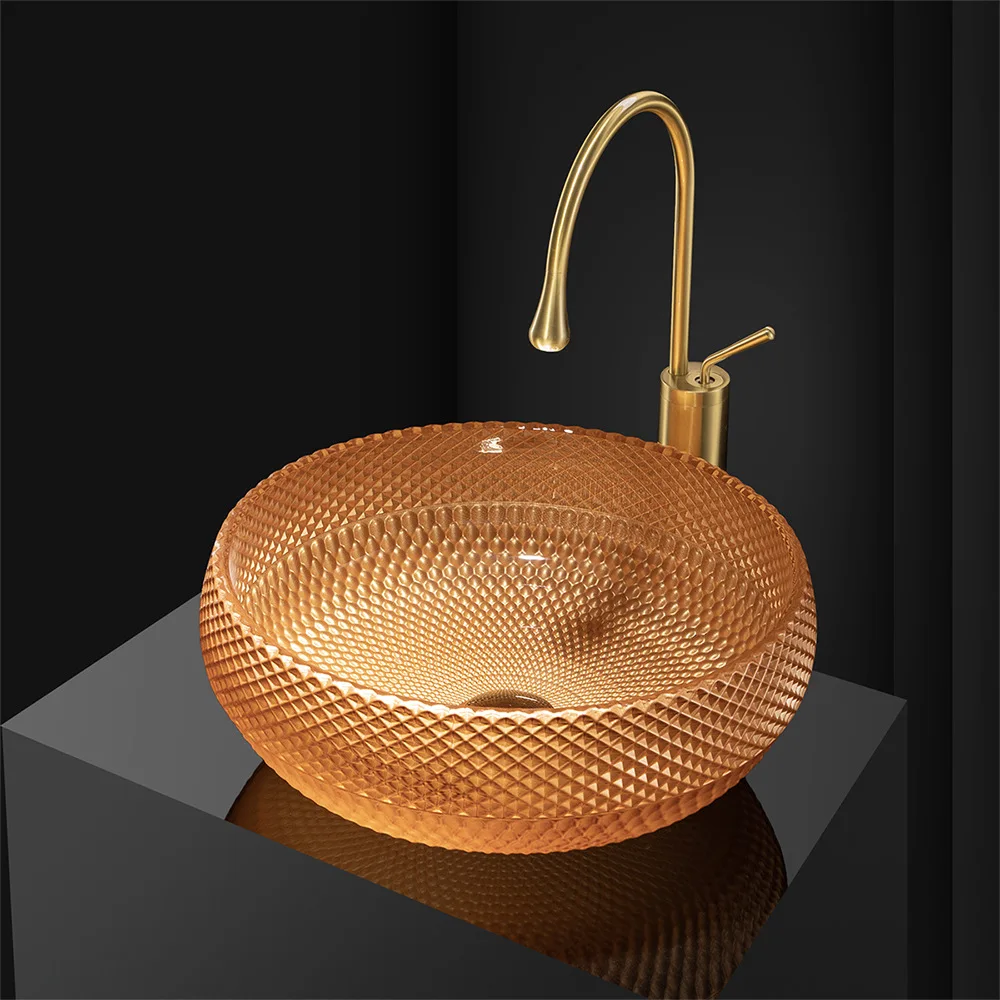 

Advanced design grid patterned round countertop basin, light luxury transparent crystal glass washbasin,for hotel, shop GN112AD